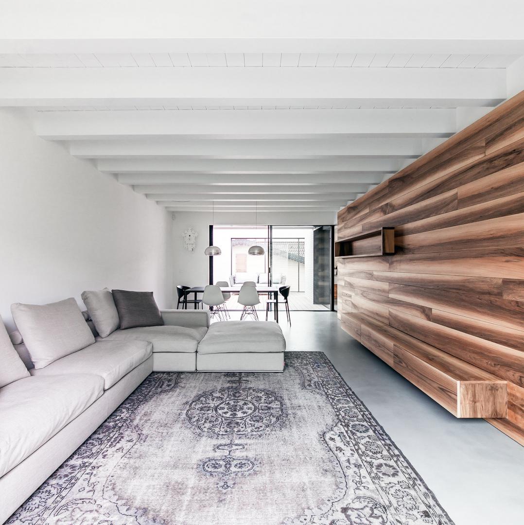 Living room with wooden wall